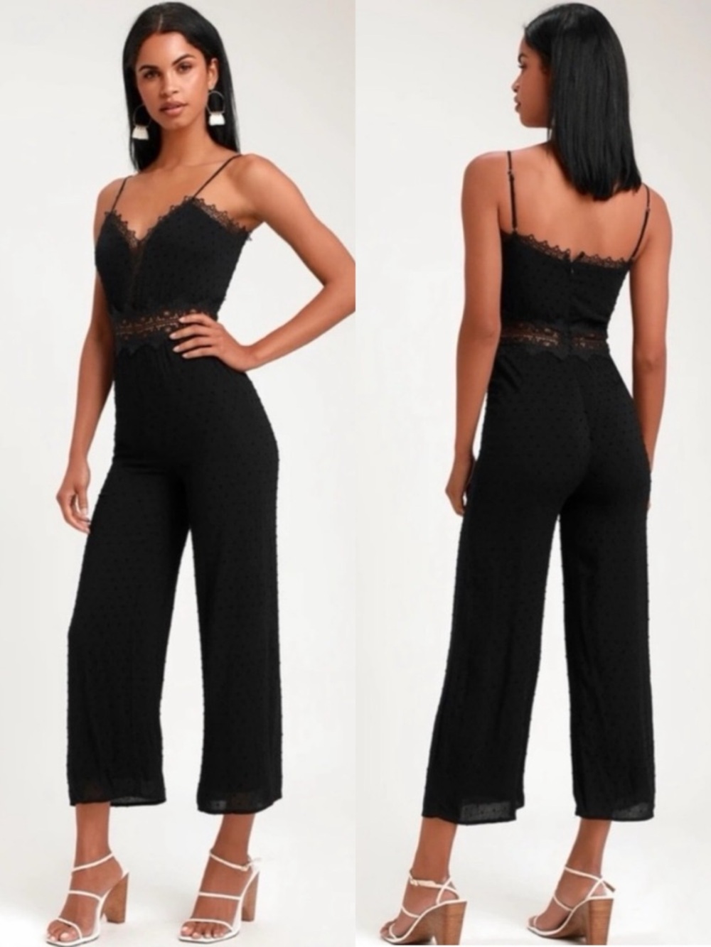 Lulu’s Leeta Black Swiss Dot Lace Wide-Leg Jumpsuit